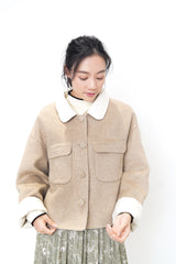 Beige handmade wool jacket in contrast collar