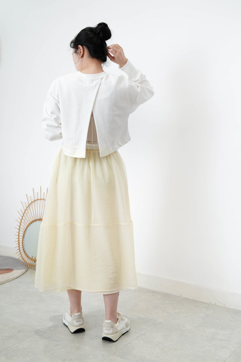 White crop pullover w/ sheer layer inner