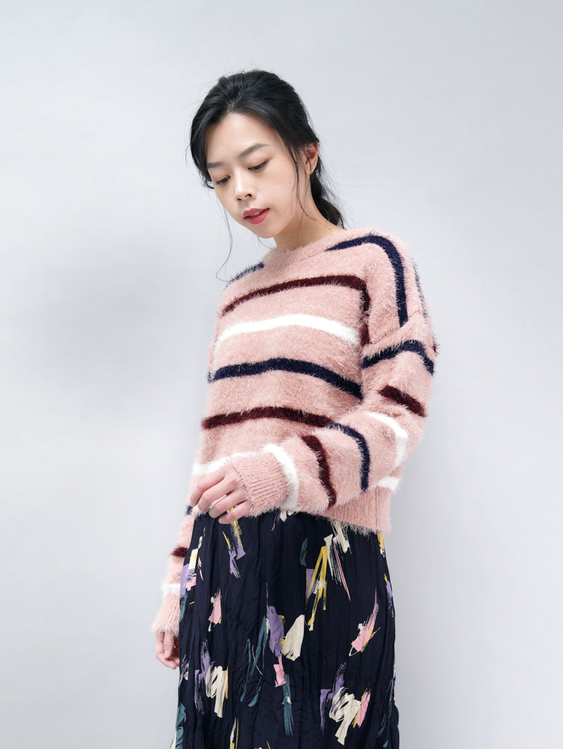 Pink stripes brushed sweater