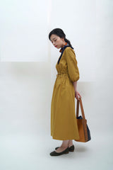 Mustard ballon sleeves dress w/ waist strap
