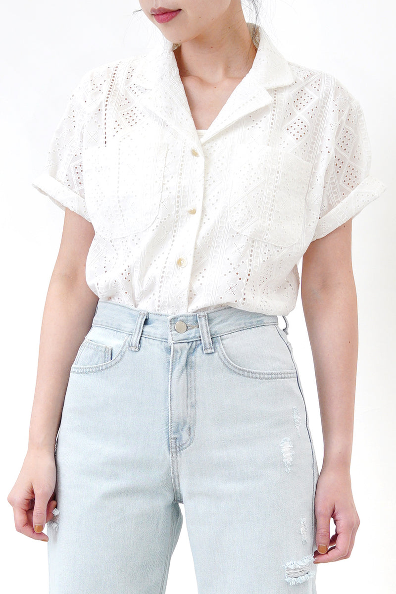 White broderie embroidered top in blazer cut