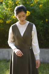Khaki pleats one piece in wrap style