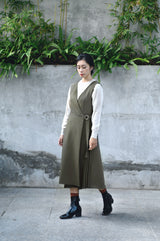 Khaki pleats one piece in wrap style
