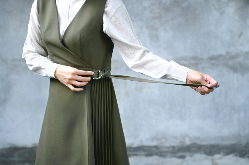 Khaki pleats one piece in wrap style