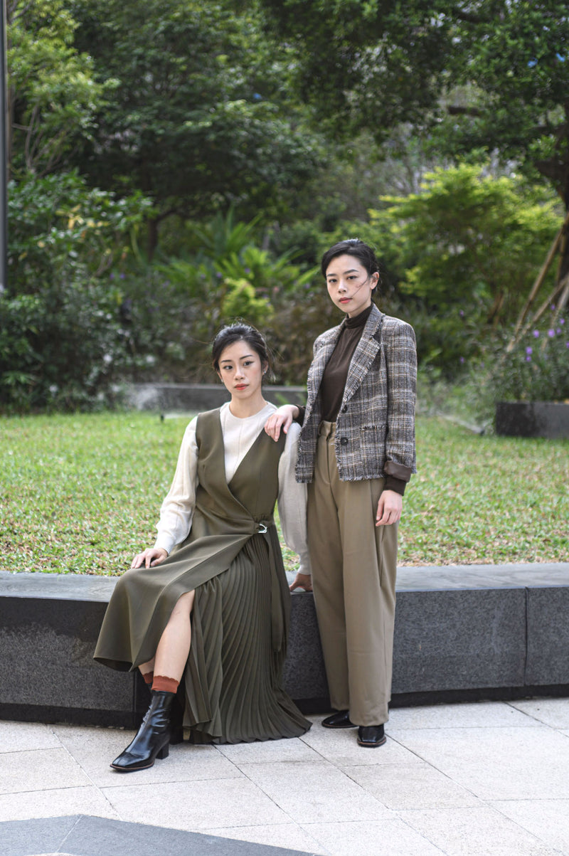 Khaki pleats one piece in wrap style