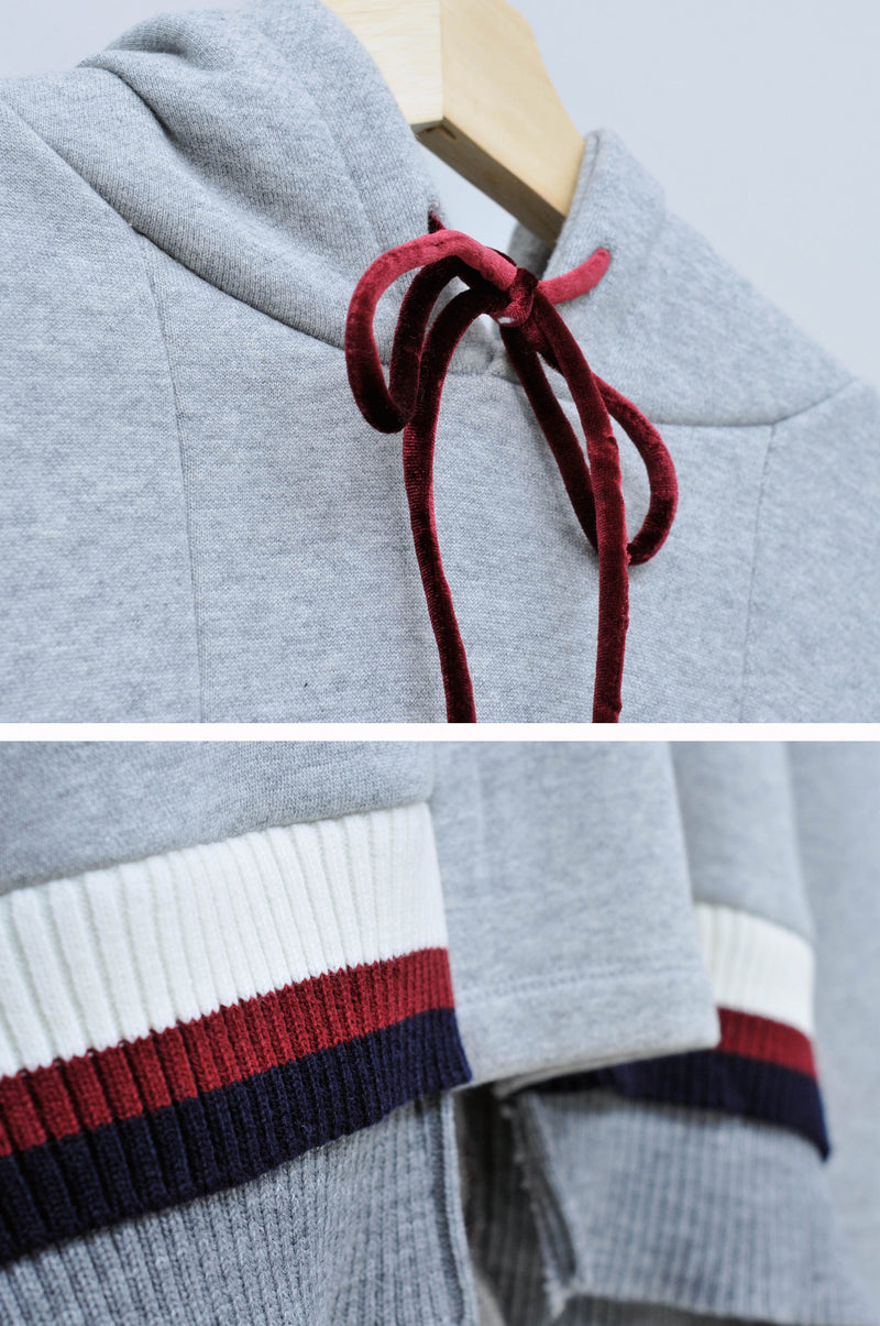 Grey hoodie w/ knit detail hem