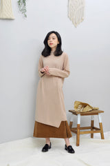 Beige knit dress in asymmetric hem