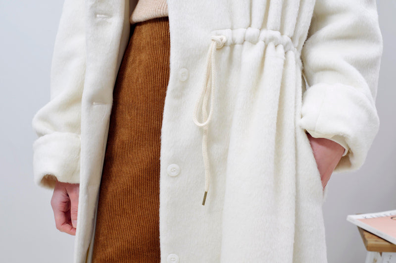 White textured coat w/ waist drawstring