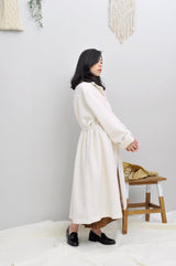 White textured coat w/ waist drawstring