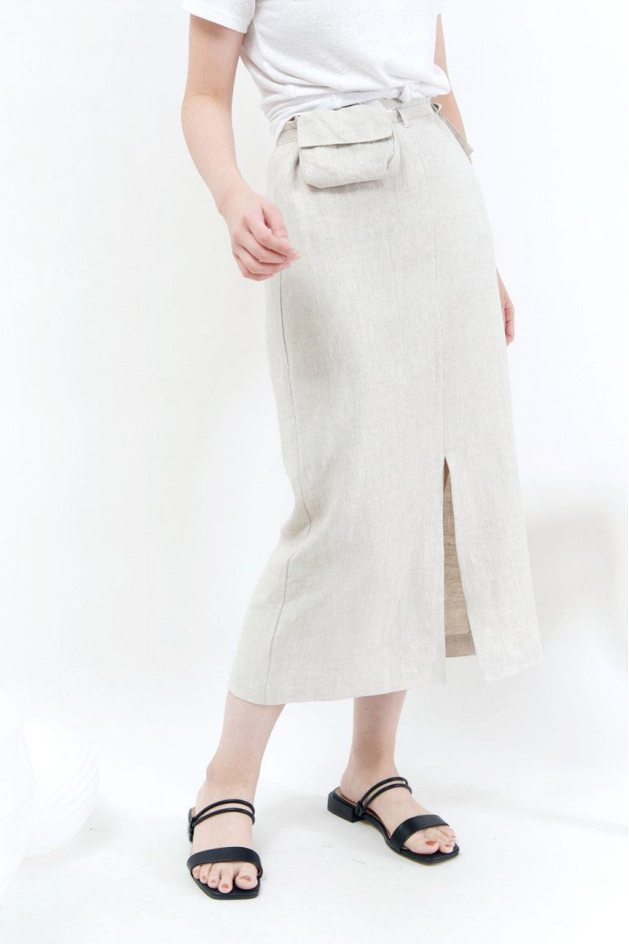 Oatmeal linen skirt w/ waist pocket